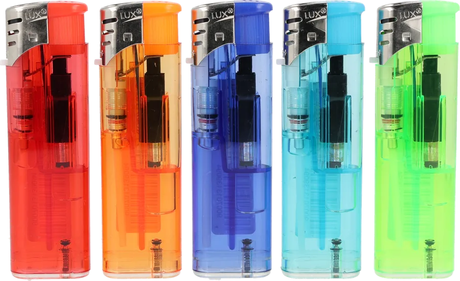 LUX Elektronikfeuerzeuge transparent in fünf Farben