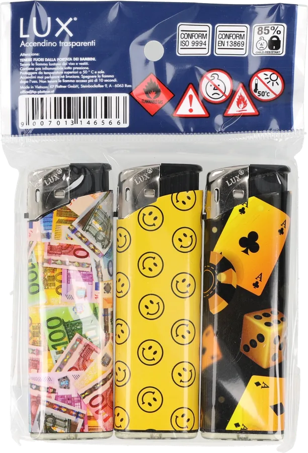 LUX Feuerzeuge mit Geldschein-, Smiley- und Spielkartenmotiv im 3er-Pack